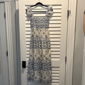 Chic Blue and Cream Midi Dress